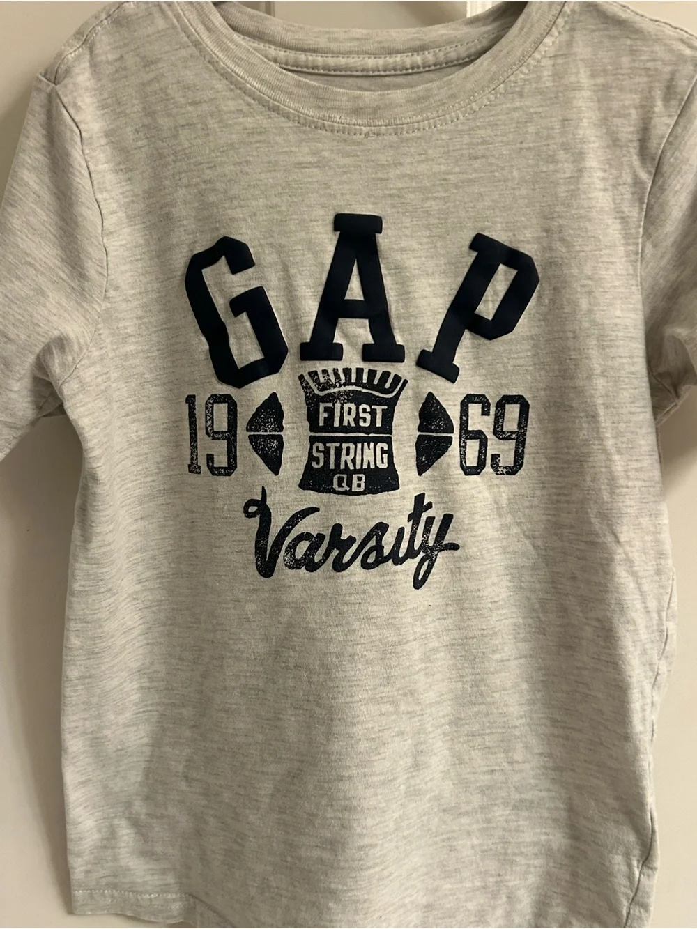 Boys GAP Light Gray Tee with Navy Varsity Logo